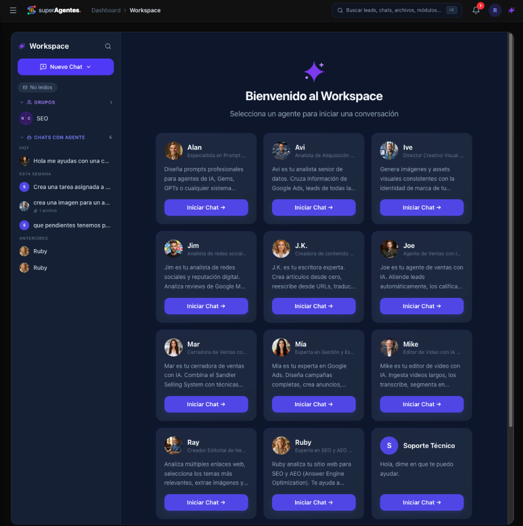 Superagentes.io Workspace — Escuadrón de Agentes con IA