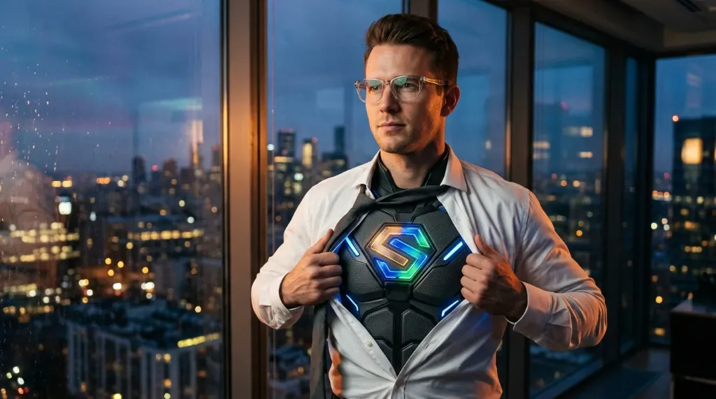 Profesional con traje de superAgentes bajo su camisa